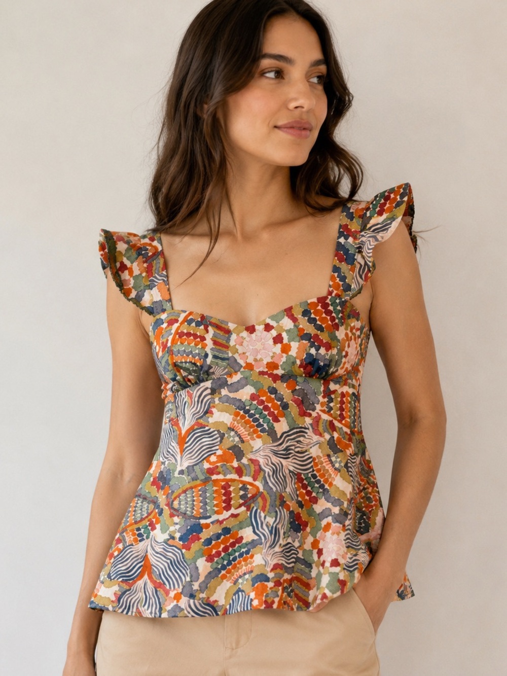 Chufy Wailer Abstract Print Flutter Sleeve Empire Waist Top M